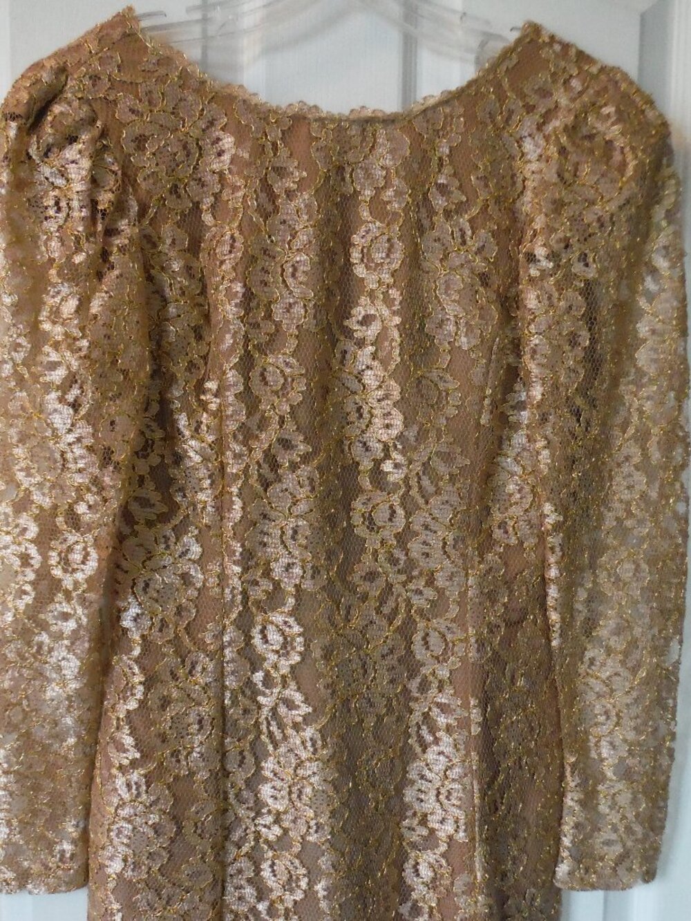 Vintage AMBRIA gold lace FORMAL DRESS Puff sleeve OPEN BACK size 6